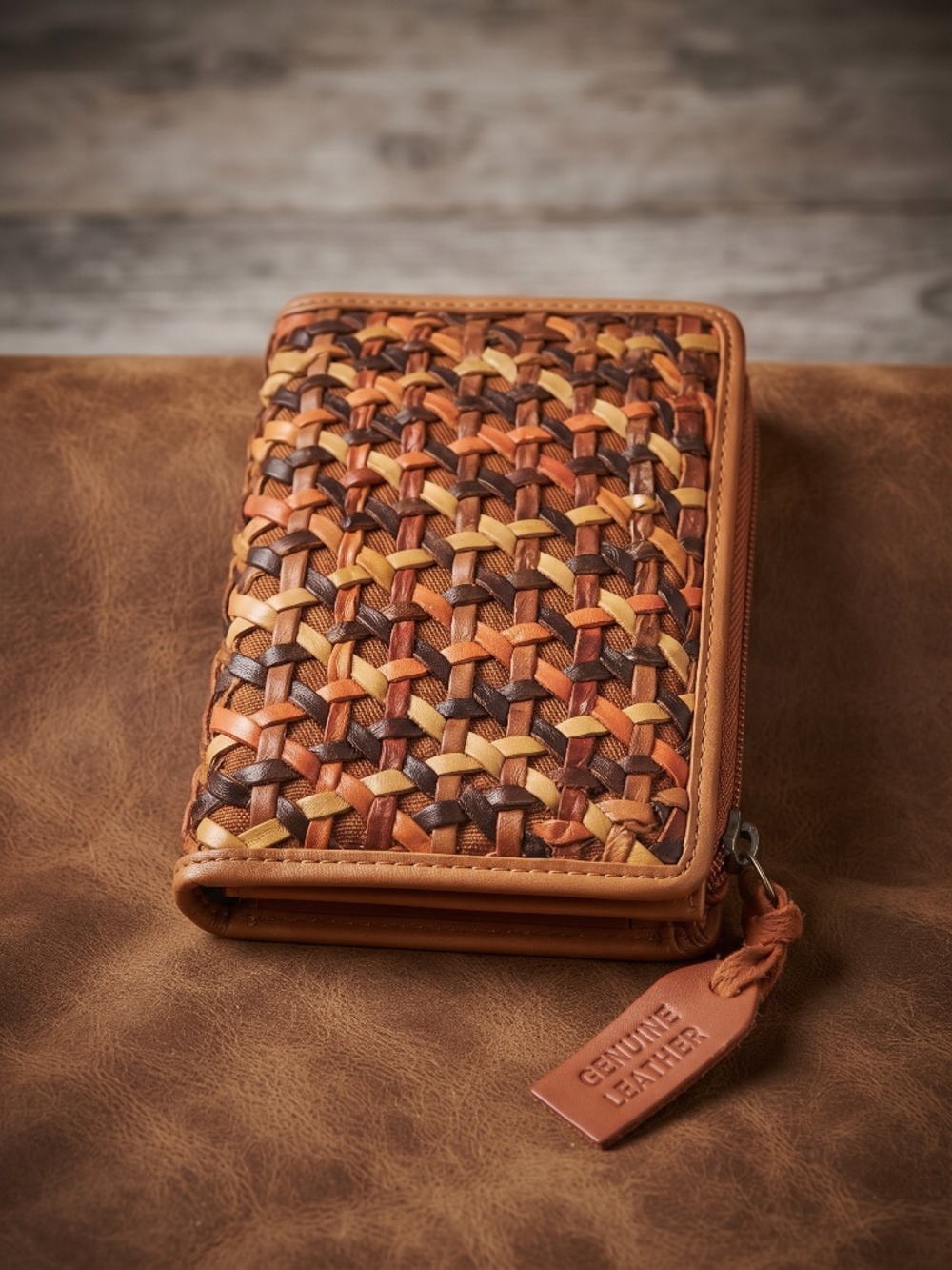 Boho-Chic Woven Leather Clutch in Sunset Hues